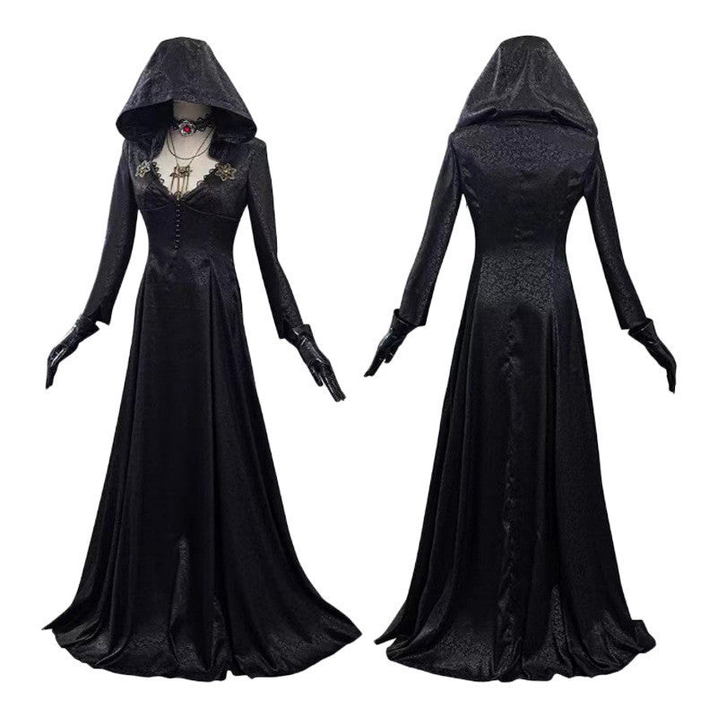 Costume d'Halloween pour femme vampire noire longue robe