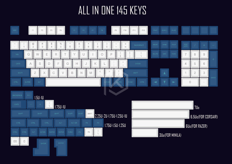 Teclado mecánico azul y blanco con grabado láser