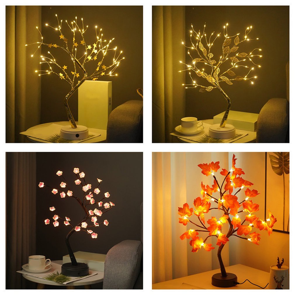 Lámpara de mesa LED con forma de árbol de arce, luces de noche de hadas con USB para fiestas de bodas y Navidad, decoración del hogar