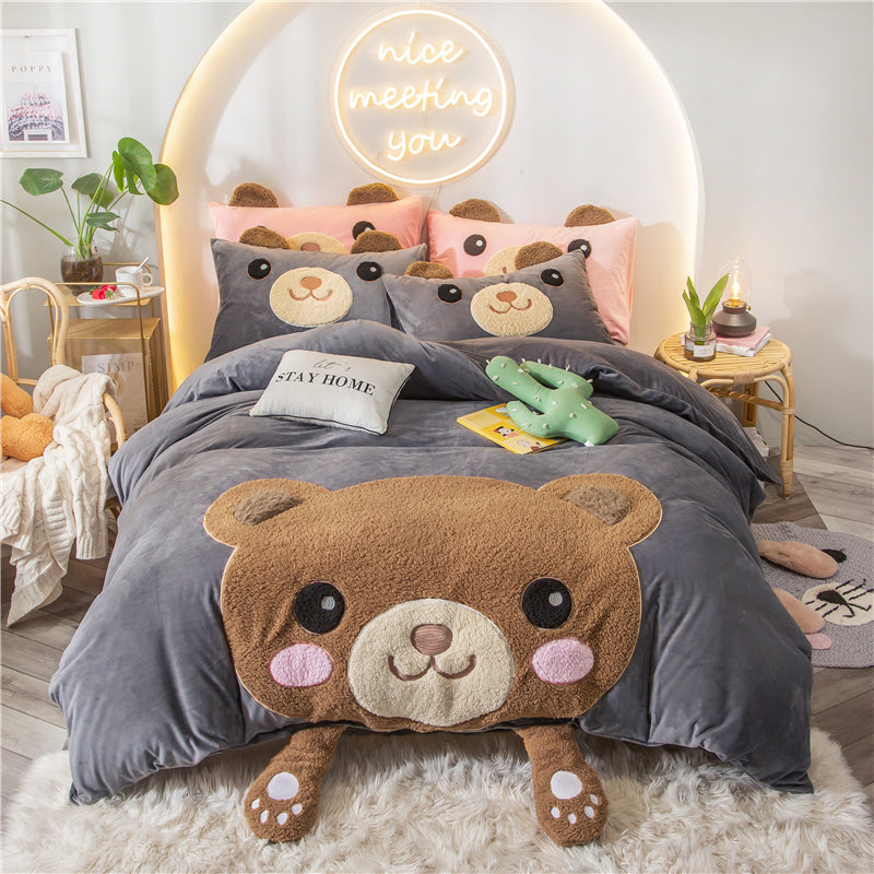 Cute Cartoon Bed Four-piece Children's Crystal Duvet Cover