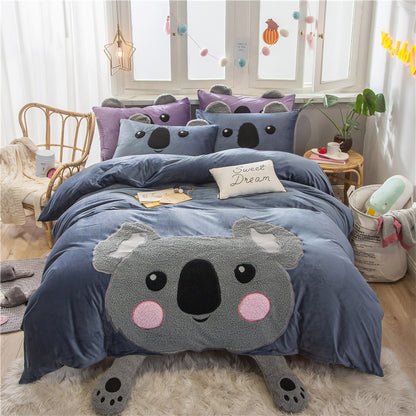 Cute Cartoon Bed Four-piece Children's Crystal Duvet Cover