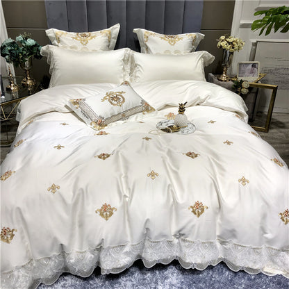 European-style White 60 Satin Long-staple Cotton Four-piece Set Of Pure Cotton Embroidery Lace Model Room Bedding