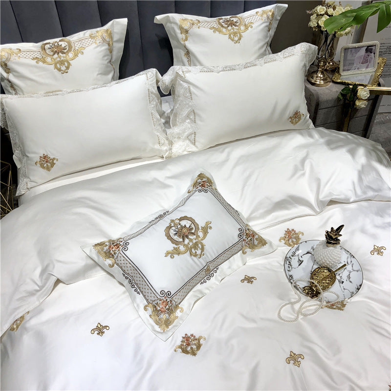 European-style White 60 Satin Long-staple Cotton Four-piece Set Of Pure Cotton Embroidery Lace Model Room Bedding