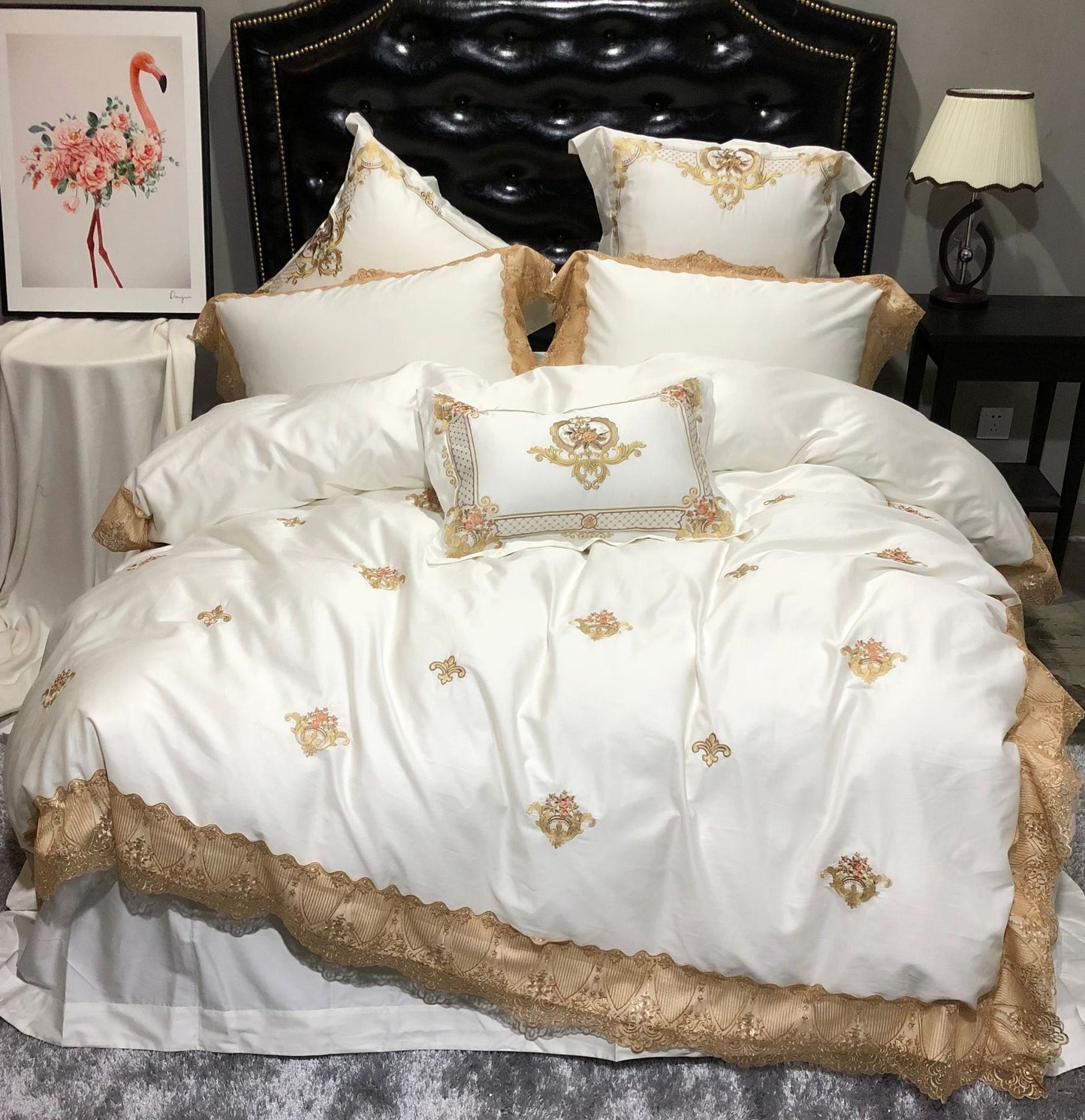 European-style White 60 Satin Long-staple Cotton Four-piece Set Of Pure Cotton Embroidery Lace Model Room Bedding