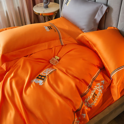 Housse de couette brodée en coton, modèle chambre, literie orange