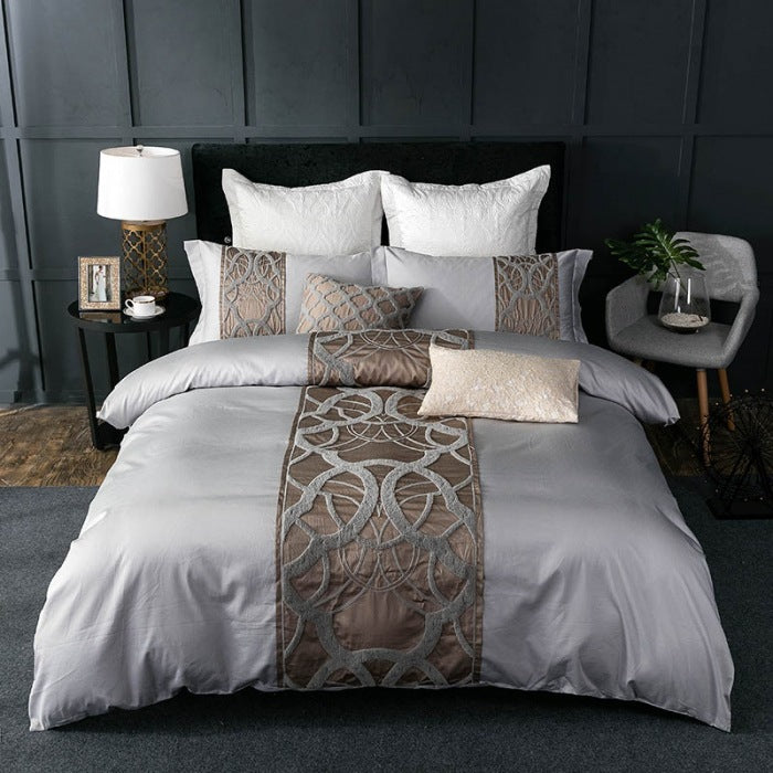 New Chinese Model Room Bedding, Light Luxury Cotton Embroidered Grey Series