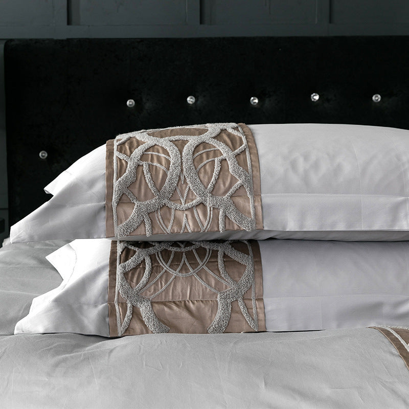 New Chinese Model Room Bedding, Light Luxury Cotton Embroidered Grey Series