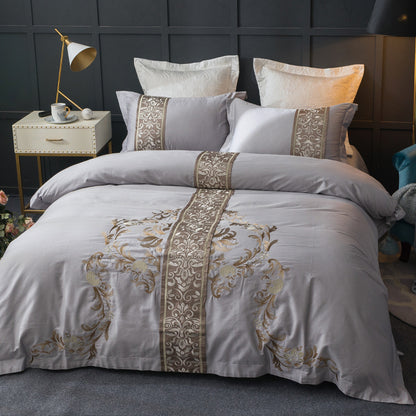 New Chinese Model Room Bedding, Light Luxury Cotton Embroidered Grey Series