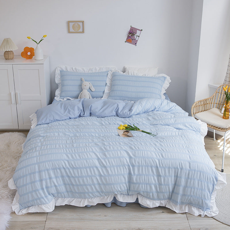 Sábana de cama de encaje de seersucker blanco de cuatro piezas estilo princesa, funda de edredón, falda de cama de algodón lavado, traje de tres piezas de color sólido