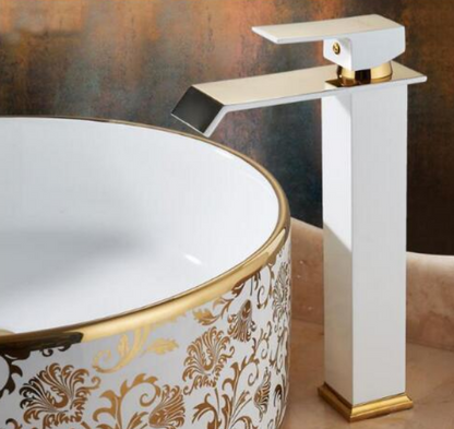 Grifo de lavabo totalmente de cobre, cascada de agua fría y caliente, pintura en blanco y negro, lavabo dorado, grifo de arte americano de estilo europeo