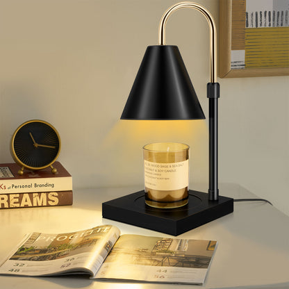 Chauffe-bougie, lampe chauffe-bougie avec minuterie, réglable en hauteur et réglable en hauteur, compatible avec les bougies en pot pour la décoration intérieure, chauffe-cire électrique, base en bois noir