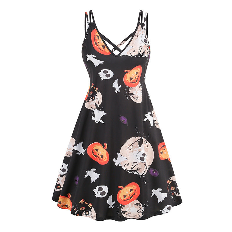 V-neck Strap Halloween Printed Pumpkin Flowers Bat Gothic Dress