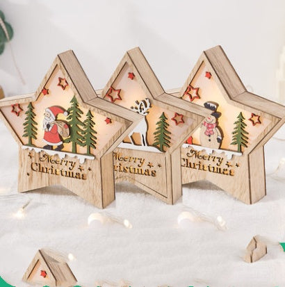 Adornos navideños hechos de madera y árboles