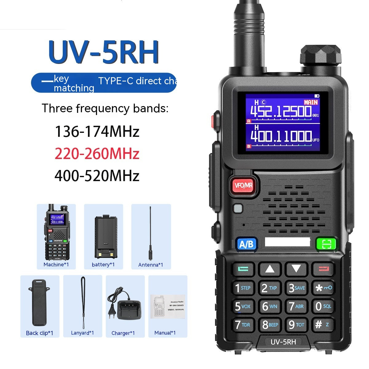 Talkie-walkie UV5R UV-5RH, correspondance de fréquence en un clic, charge directe de Type C