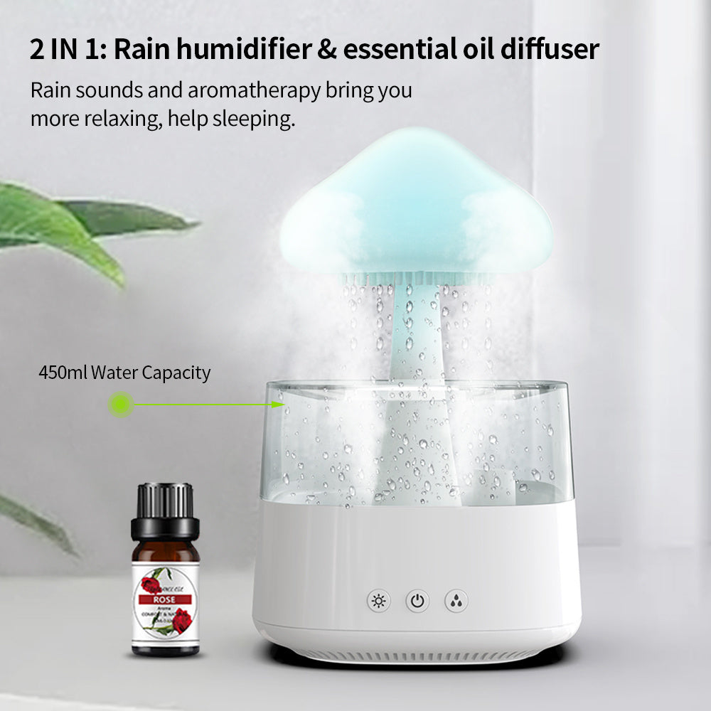 Humidificador de escritorio 2 en 1, difusor Zen de aceite esencial de aromaterapia con nube de lluvia y lámpara de seta con luz nocturna de nube de lluvia