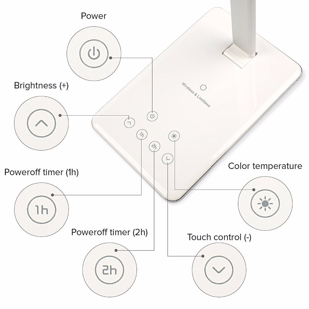 Lámpara de mesa LED con control táctil y atenuación.