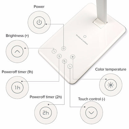 Lámpara de mesa LED con control táctil y atenuación.