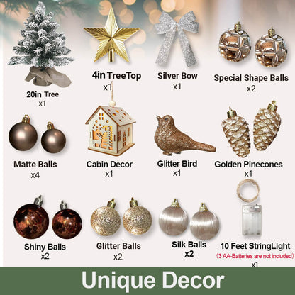 Mini sapin de Noël de 2 pieds avec petite décoration de Noël artificielle en bois clair avec neige floquée, décor exquis et ornements de Noël pour dessus de table pour la maison et le bureau