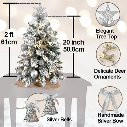 Mini árbol de Navidad de 2 pies con decoración navideña de mesa pequeña artificial ligera con nieve flocada, decoración exquisita y adornos navideños para mesa para el hogar y la oficina