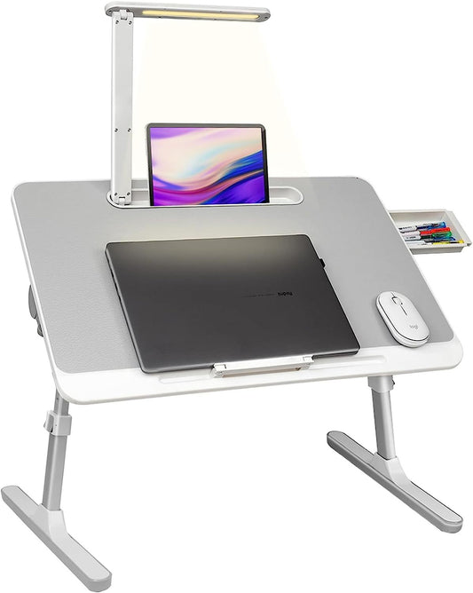 Escritorio para computadora portátil, mesa de cama portátil, escritorio para computadora portátil con luz LED y cajón, soporte ajustable para computadora portátil para cama, sofá, estudio, lectura