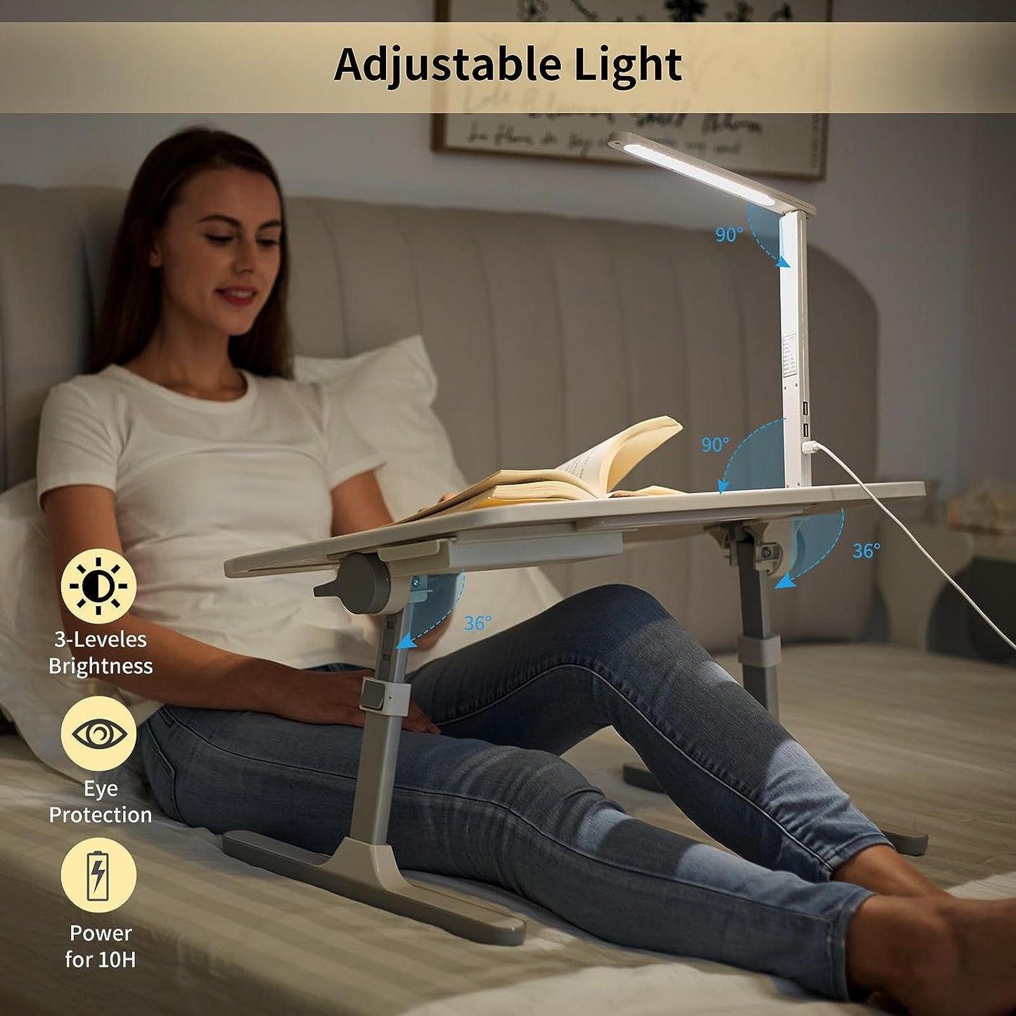 Escritorio para computadora portátil, mesa de cama portátil, escritorio para computadora portátil con luz LED y cajón, soporte ajustable para computadora portátil para cama, sofá, estudio, lectura