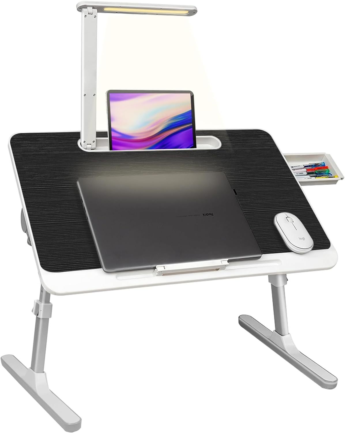 Bureau pour ordinateur portable, table de lit portable, bureau pour ordinateur portable avec lumière LED et tiroir, support réglable pour ordinateur portable pour lit, canapé, bureau, lecture