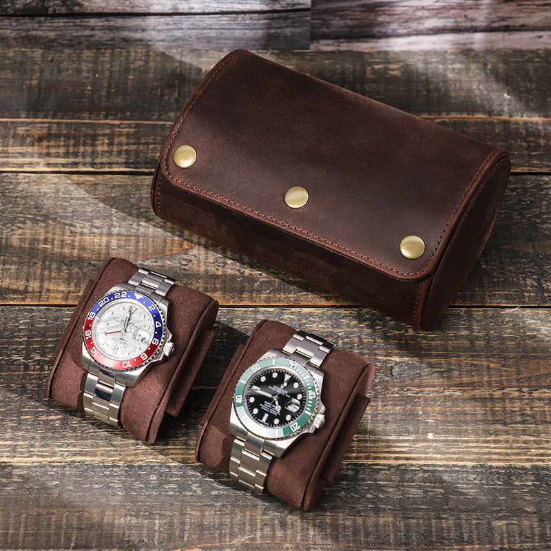 Caja de almacenamiento de reloj para parejas, portátil, de cuero, Retro, Crazy Horse, para viajes al aire libre