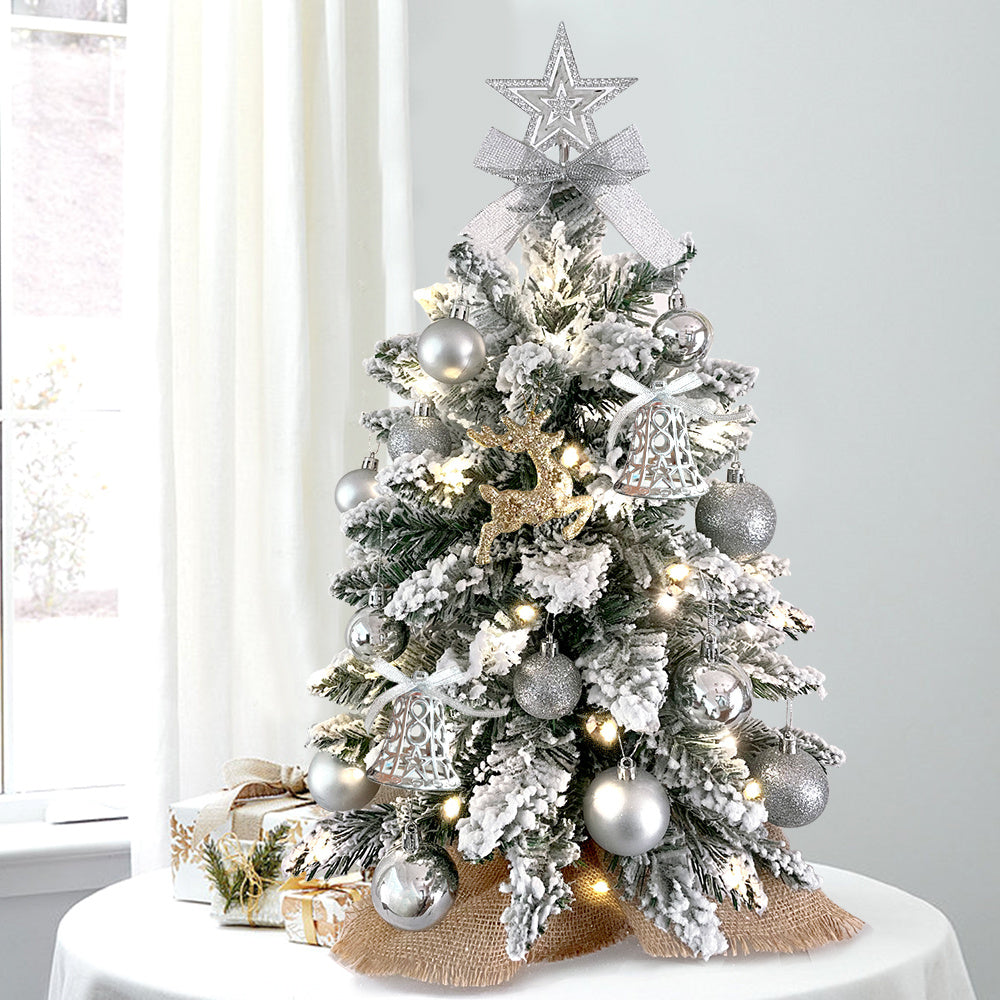 Mini árbol de Navidad de 2 pies con decoración navideña de mesa pequeña artificial ligera con nieve flocada, decoración exquisita y adornos navideños para mesa para el hogar y la oficina