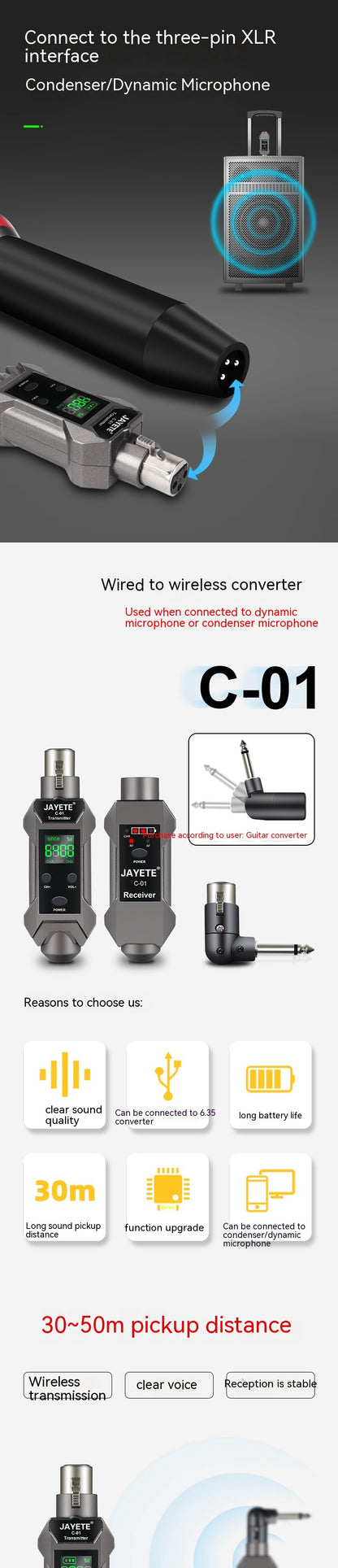 Convertisseur de microphone à bobine mobile, microphone filaire vers récepteur de transmission sans fil