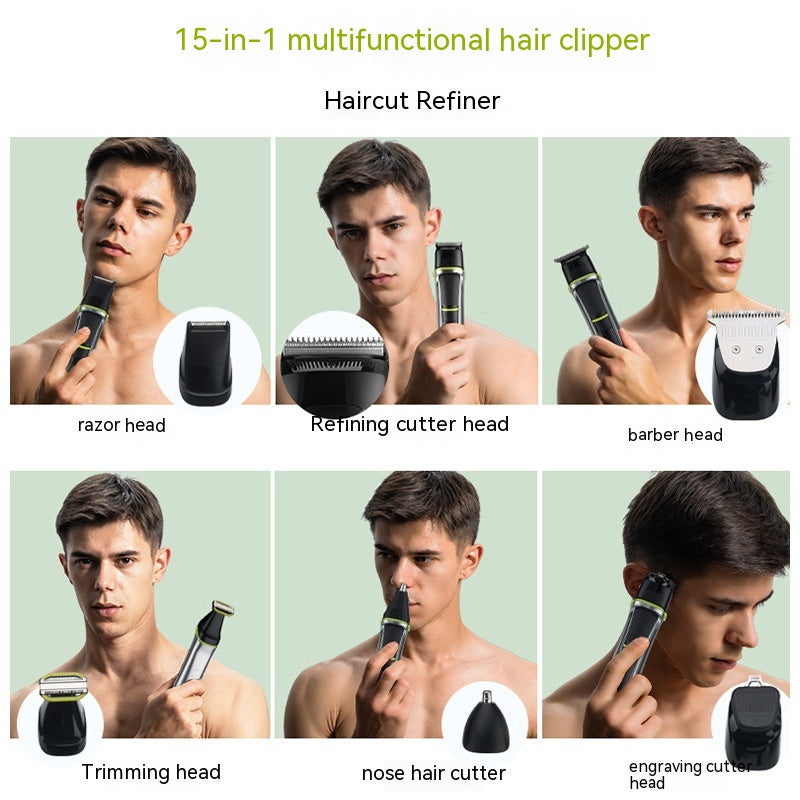 USB Multifunctional Electric Shaver 15-in-1 Waterproof Electric Hair Clipper Household Nose Hair Trimmer