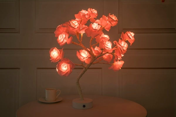 Lámpara de flores rosas, lámpara de mesa LED con batería USB, luces nocturnas de árbol bonsái, guirnalda de luces decorativas para dormitorio, decoración del hogar