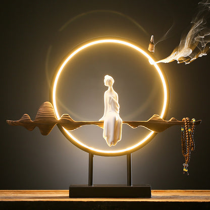 Nueva lámpara LED Zen china, círculo de madera desgastada, decoración de porcelana blanca, decoración creativa para mesa de salón de té y porche de casa