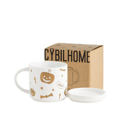 Taza de Halloween con tapa, cuchara, caja de regalo, cerámica de gran capacidad