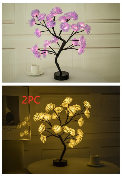 Rose Flower Lamp USB Battery Operated LED Table Lamp Bonsai Tree Night Lights Garland Bedroom Decoration Lights Home Decor