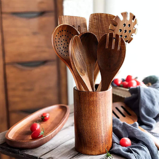 Juego de utensilios de cocina de madera, cuchara de mango largo de teca, colador de madera, espátula antiadherente