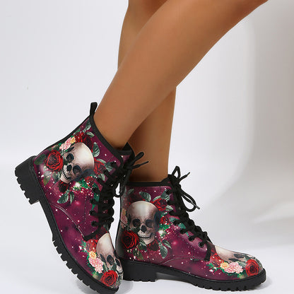 Halloween Shoes Rose Flower Print Lace-up Ankle Boots Women