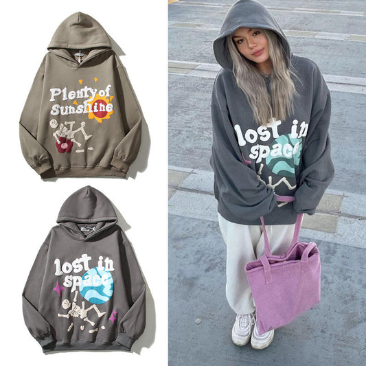 Skull Halloween Print Hoodie Graffiti Foam Letter Printed Hooded Sweater Coat Long Sleeve Sweatshirt