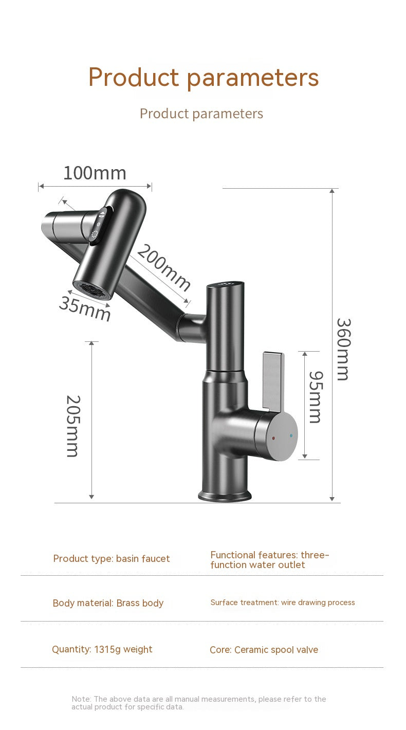 Robinet à tirette à affichage numérique multifonctionnel rotatif pour lavabo de lavage