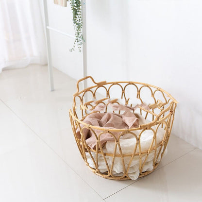 Natural Rattan Round Storage Bucket With Carrying Handle