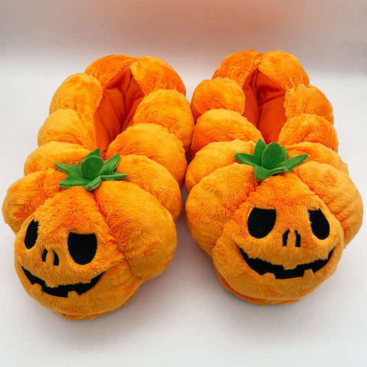 Pantuflas de felpa con forma de calabaza de Halloween para dormitorio de mujer