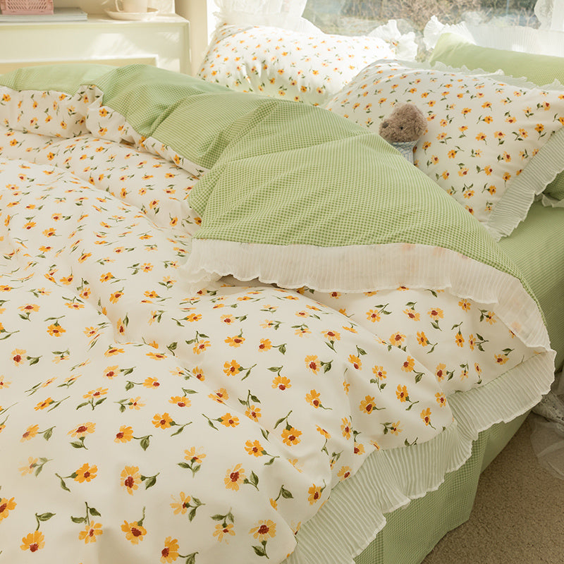 Housse de couette en coton lavé à petites fleurs, ensemble de draps de lit quatre pièces