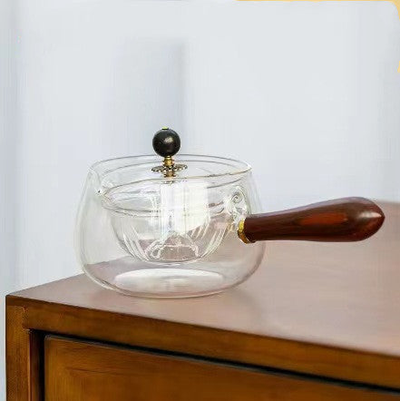 Théière rotative semi-automatique en verre résistant à la chaleur, préparation de thé paresseuse avec infuseur et poignée en bois, accessoires de bureau et de maison, Gadgets de cuisine