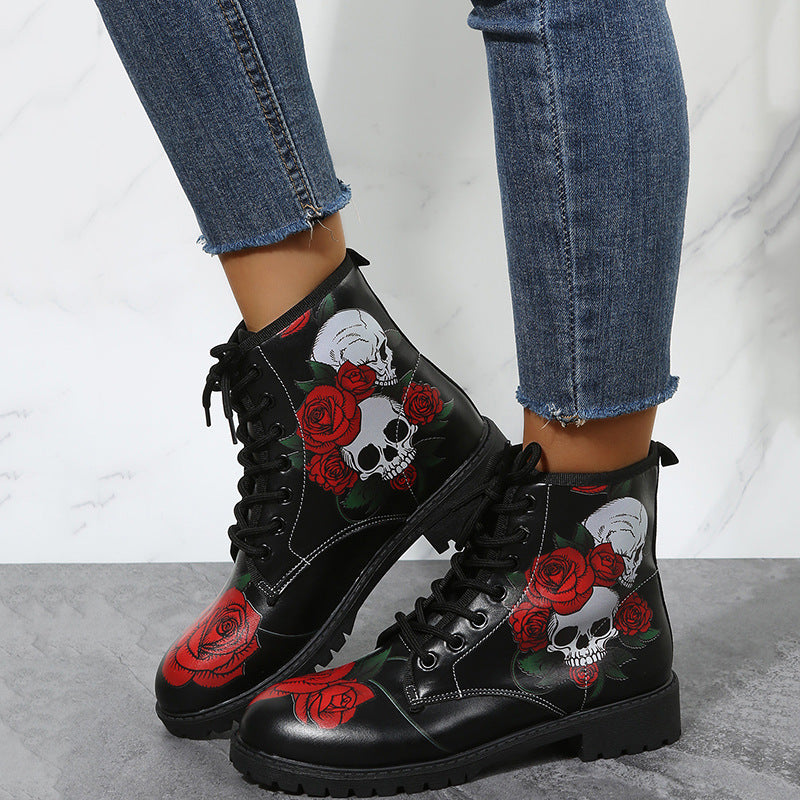 Chaussures d'Halloween Bottines à lacets à imprimé fleur de rose pour femmes