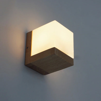 Japanese Solid Wood Art Style Square Wall Lamp White Frosted