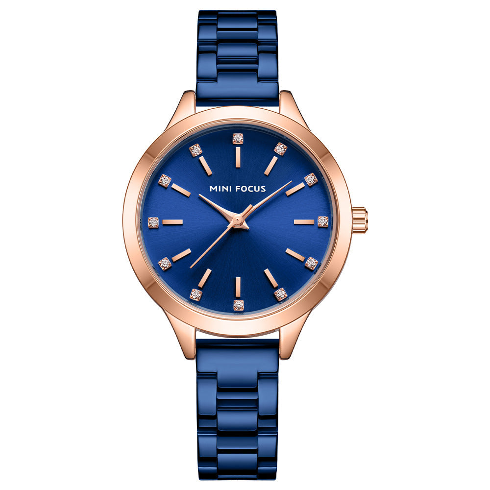 Montre simple étanche avec bracelet en acier massif et strass pour femmes