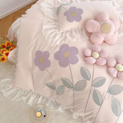 Housse de couette en coton, drap de lit, broderie florale tridimensionnelle, quatre pièces