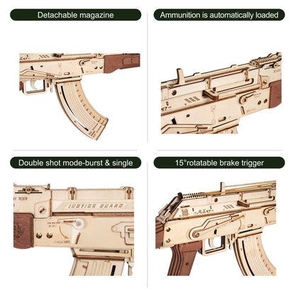 Robotime Rokr Rifle automático AK-47 pistola para ensamblaje de madera 3D modos de disparo doble divertidos juguetes DIY para niños adultos Justice Guar LQ901