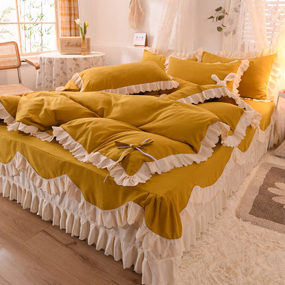 Light Luxury Nude Sleeping Princess Style Four-piece Lotus Leaf Lace Double Bed Sheet Duvet Cover With Bed Skirt Girl Solid Color Bed