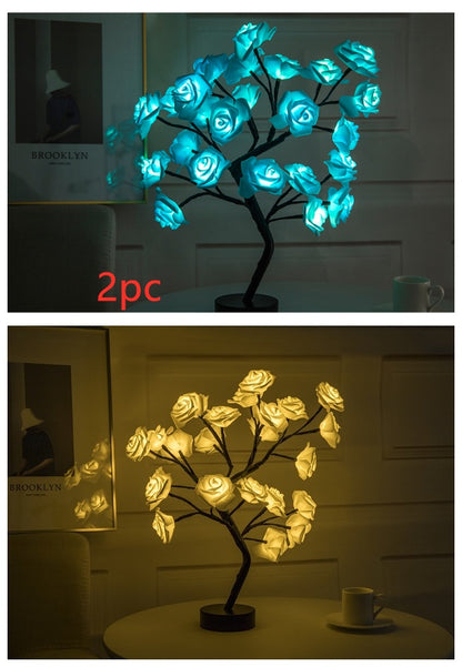 Lámpara de flores rosas, lámpara de mesa LED con batería USB, luces nocturnas de árbol bonsái, guirnalda de luces decorativas para dormitorio, decoración del hogar