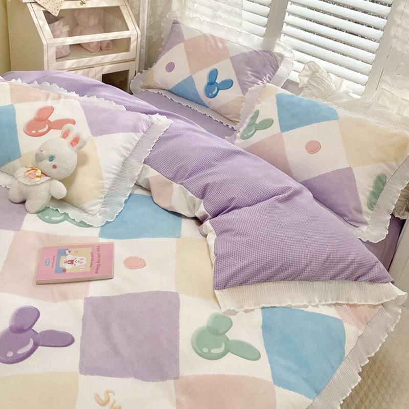 Housse de couette en coton lavé à petites fleurs, ensemble de draps de lit quatre pièces